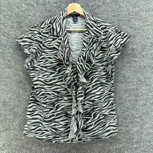 DFA Shirt Women L Large Black Animal Print Button Up Collared Short Sleeve Linen